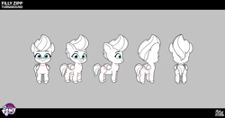 Size: 3048x1598 | Tagged: safe, zipp storm, pegasus, pony, g5, my little pony: tell your tale, official, .psd available, behind the scenes, concept art, female, filly, filly zipp storm, foal, folded wings, smiling, solo, turnaround, unshorn fetlocks, wings, younger