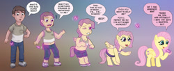 Size: 1360x554 | Tagged: safe, artist:glockens, fluttershy, butterfly, human, pegasus, pony, g4, disappearing clothes, female, gradient background, human to pony, male, mental shift, speech bubble, transformation, transformation sequence