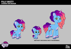 Size: 1921x1344 | Tagged: safe, misty brightdawn, pony, unicorn, g5, my little pony: tell your tale, official, .psd available, baby, baby misty brightdawn, behind the scenes, bracelet, concave belly, concept art, female, filly, filly misty brightdawn, foal, friendship bracelet, height difference, horn, jewelry, mare, physique difference, rebirth misty, size comparison, slender, smiling, solo, thin, unshorn fetlocks, younger