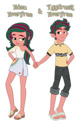 Size: 3236x5050 | Tagged: safe, anonymous artist, oc, oc only, oc:eden everfree, oc:yggdrasil everfree, human, equestria girls, g4, absurd resolution, barefoot, bedroom eyes, blouse, brother, brother and sister, closed mouth, clothes, description is relevant, duo, duo male and female, eyebrows, eyelashes, eyes open, feet, female, hand on hip, happy, holding hands, implied inbreeding, implied incest, implied shipping, implied twincest, inbreeding, incest, looking, looking at each other, looking at someone, male, name, offspring, open mouth, pants, parent:gloriosa daisy, parent:timber spruce, parents:timberosa, pocket, product of incest, sandals, shipping, shirt, shoes, shorts, siblings, simple background, sister, skirt, smiling, story included, straight, symbol, teeth, text, top, transparent background, twincest, twins, vector, wall of tags