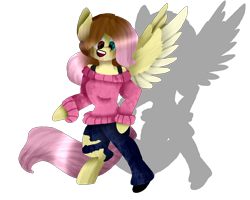 Size: 2834x2267 | Tagged: safe, artist:toffee-the-dingo, fluttershy, human, pegasus, pony, g4, clothes, eye color change, female, high res, human to pony, open mouth, open smile, simple background, smiling, solo, spread wings, standing, sweater, torn clothes, transformation, transparent background, wings