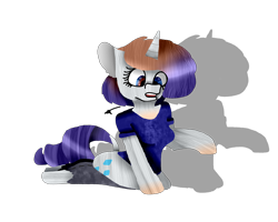 Size: 2834x2267 | Tagged: safe, artist:toffee-the-dingo, rarity, human, pony, unicorn, g4, clothes, eye color change, female, high res, horn, human to pony, open mouth, simple background, sitting, solo, torn clothes, transformation, transparent background