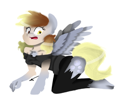 Size: 2708x2215 | Tagged: safe, artist:toffee-the-dingo, derpy hooves, human, pegasus, pony, g4, all fours, butt, clothes, eye color change, female, high res, human to pony, open mouth, simple background, solo, spread wings, surprised, torn clothes, transformation, white background, wings