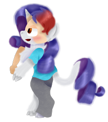 Size: 2988x3385 | Tagged: safe, artist:toffee-the-dingo, rarity, human, pony, unicorn, g4, clothes, cloven hooves, female, high res, horn, human to pony, leonine tail, lidded eyes, open mouth, profile, simple background, smiling, solo, standing, tail, transformation, transparent background