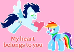 Size: 2602x1847 | Tagged: safe, anonymous artist, derpibooru exclusive, rainbow dash, soarin', pegasus, pony, series:soarindash romantic tales, female, flying, heart, lineless, looking at each other, looking at someone, male, mare, ship:soarindash, shipping, smiling, smiling at each other, stallion, straight, text