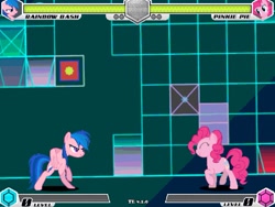 Size: 993x745 | Tagged: safe, artist:tom artista, firefly, pinkie pie, rainbow dash, earth pony, pegasus, fighting is magic, g1, g4, bipedal, eyes closed, game screencap, geometry, neon, recolor, stage, the backrooms