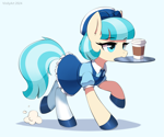 Size: 2229x1857 | Tagged: safe, artist:vinilyart, coco pommel, earth pony, pony, g4, clothes, coffee, coffee cup, cup, female, hoof shoes, mare, mouth hold, skirt, solo