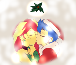 Size: 2200x1892 | Tagged: safe, artist:lirudraw, flash sentry, sunset shimmer, equestria girls, g4, christmas, female, holiday, kissing, male, mistletoe, ship:flashimmer, shipping, straight