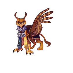 Size: 2000x2000 | Tagged: safe, artist:xularo, oc, oc only, oc:stolas, bird, demon, griffon, hybrid, owl, owl griffon, ars goetia, bangs, banner, cape, claws, cloak, clothes, collar, crescent, cross, disguise, disguised, ear tufts, feather, glasses, hanging banner, jabot, leonine tail, looking at you, markings, moon, paws, simple background, solo, spots, spotted wings, spread wings, star and crescent, stars, stripes, tail, talons, tapestry, white background, wings, yellow eyes