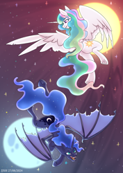 Size: 2894x4093 | Tagged: safe, alternate version, artist:jjsh, nightmare moon, princess celestia, princess luna, alicorn, bat pony, bat pony alicorn, pony, g4, bat ponified, bat wings, beautiful, duo, evil, fangs, female, fight, flying, grin, high res, horn, lunabat, mare, moon, night, night sky, open mouth, race swap, redraw, sky, smiling, spread wings, stars, sun, wings