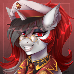 Size: 1200x1200 | Tagged: safe, artist:serodart, oc, oc:red rocket, unicorn, equestria at war mod, badge, clothes, eyeshadow, glasses, hat, horn, looking at you, makeup, necktie, peaked cap, smiling, solar empire, unicorn oc, uniform