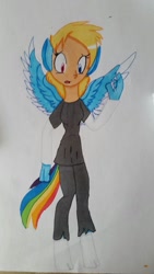 Size: 747x1328 | Tagged: safe, artist:toffee-the-dingo, rainbow dash, human, pony, g4, clothes, eye color change, female, human to pony, socks, solo, traditional art, transformation