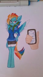 Size: 900x1600 | Tagged: safe, artist:toffee-the-dingo, rainbow dash, human, pegasus, anthro, unguligrade anthro, g4, cellphone, clothes, human to anthro, offscreen character, phone, post-transformation, shorts, smartphone, sweater, traditional art, transformation