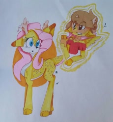 Size: 1072x1166 | Tagged: safe, artist:toffee-the-dingo, fluttershy, deer, human, g4, female, flutterdeer, human to deer, human to pony, magic, species swap, traditional art, transformation