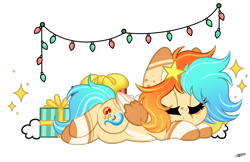 Size: 1600x1037 | Tagged: safe, artist:princessmoonsilver, oc, oc:caprisun fishes, pegasus, pony, christmas, christmas lights, female, holiday, lying down, mare, present, prone, simple background, sleeping, solo, transparent background