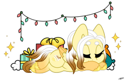 Size: 1600x1037 | Tagged: safe, artist:princessmoonsilver, oc, oc:lemon meringue, pegasus, pony, christmas, christmas lights, female, holiday, lying down, mare, present, prone, simple background, sleeping, solo, transparent background