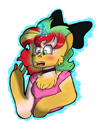 Size: 2246x2670 | Tagged: safe, artist:toffee-the-dingo, sunset shimmer, human, pony, unicorn, g4, bow, bust, chest fluff, eye color change, female, glowing, glowing horn, hair bow, high res, horn, human to pony, simple background, solo, transformation, transparent background