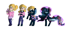 Size: 3751x1599 | Tagged: safe, artist:toffee-the-dingo, nightmare moon, alicorn, human, pony, g4, chest fluff, clothes, ethereal mane, female, galaxy mane, high res, human to pony, simple background, solo, torn clothes, transformation, transformation sequence, white background