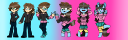 Size: 6390x2002 | Tagged: safe, artist:toffee-the-dingo, oc, oc only, human, unicorn, anthro, unguligrade anthro, clothes, female, gradient background, high res, horn, human to anthro, male, mental shift, peace sign, solo, sweater, teary eyes, transformation, transformation sequence, transforming clothes, transgender transformation