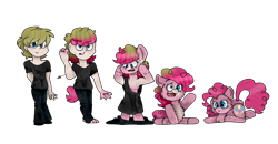 Size: 4407x2285 | Tagged: safe, artist:toffee-the-dingo, pinkie pie, earth pony, human, pony, g4, high res, human to pony, inanimate tf, plushie, shrinking, simple background, solo, transformation, transformation sequence, transparent background