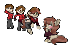 Size: 4690x2851 | Tagged: safe, artist:toffee-the-dingo, oc, oc only, earth pony, human, pony, blushing, clothes, collar, female, high res, human to pony, lip bite, male, sitting, solo, transformation, transformation sequence, transforming clothes, transgender transformation