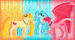 Size: 3000x1600 | Tagged: safe, artist:ireneroxanne666, bat pony, earth pony, unicorn, akita neru, female, hatsune miku, horn, kasane teto, mare, trio, vocaloid