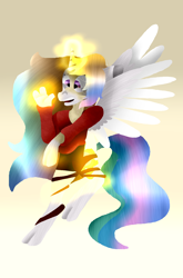 Size: 2988x4524 | Tagged: safe, artist:toffee-the-dingo, princess celestia, alicorn, human, pony, g4, clothes, glowing, glowing horn, gradient background, high res, horn, human to pony, solo, transformation, worried