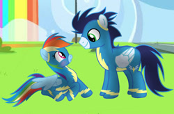 Size: 1280x840 | Tagged: safe, artist:soarindasher10, rainbow dash, soarin', pegasus, pony, clothes, female, male, mare, ship:soarindash, shipping, stallion, straight, uniform, wonderbolts, wonderbolts uniform