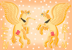 Size: 1200x835 | Tagged: safe, artist:ireneroxanne666, pegasus, duo, female, kagamine len, kagamine rin, male, mare, siblings, stallion, twins