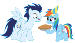 Size: 1280x731 | Tagged: safe, artist:soarindasher10, rainbow dash, soarin', pegasus, pony, apple, apple pie, birthday, female, food, hat, male, mare, party hat, pie, ship:soarindash, shipping, simple background, stallion, straight, transparent background