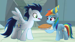 Size: 1280x731 | Tagged: safe, artist:soarindasher10, rainbow dash, soarin', pegasus, pony, apple, apple pie, birthday, female, food, hat, male, mare, party hat, pie, ship:soarindash, shipping, stallion, straight