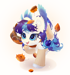 Size: 2700x2900 | Tagged: safe, artist:medkit, oc, oc only, oc:snowflake flower, pegasus, pony, accessory, autumn, autumn leaves, blue eyes, blue mane, blue tail, cel shading, chest fluff, chibi, clothes, colored ears, colored eyebrows, colored eyelashes, colored hooves, colored lineart, colored pupils, colored wings, ear fluff, ears up, eye clipping through hair, eyebrows, eyebrows visible through hair, eyes open, feathered wings, female, fringe, full body, gradient background, gradient wings, heart ears, heart shaped, hooves, leaves, leg fluff, lightly watermarked, long mane, long tail, looking at something, mare, multicolored wings, open mouth, open smile, paint tool sai 2, pegasus oc, raised eyebrows, raised hoof, raised leg, running, scarf, shading, shadow, signature, smiling, socks, solo, spread wings, tail, three quarter view, two toned mane, two toned tail, wall of tags, water drops, watermark, white coat, wings