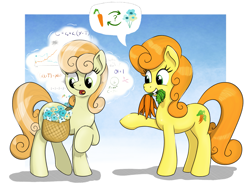 Size: 2855x2154 | Tagged: safe, artist:eels, carrot top, golden harvest, junebug, earth pony, pony, g4, bag, carrot, duo, duo female, female, flower, food, high res, mare, math, mouth hold, open mouth, passepartout, pointing, raised hoof, saddle bag, smiling, speech bubble, thinking, 🥕