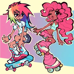 Size: 2048x2048 | Tagged: safe, artist:broniesforponies, pinkie pie, rainbow dash, human, g4, bare shoulders, humanized, roller skates, skateboard, skates, sleeveless