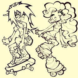 Size: 2048x2048 | Tagged: safe, artist:broniesforponies, pinkie pie, rainbow dash, human, g4, humanized, roller skates, skateboard, skates