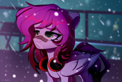 Size: 3000x2000 | Tagged: safe, artist:shelti, oc, oc only, oc:ellie berryheart, pegasus, pony, g4, blade runner 2049, branded, clothes, cosplay, costume, fatigues, female, green eyes, headphones, meme, night, patch, sad, snow, solo, white wings, wings, winter, you look lonely