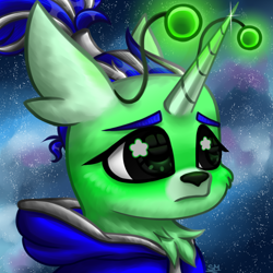 Size: 3000x3000 | Tagged: safe, artist:sunamoonmlp, derpibooru exclusive, oc, oc only, alicorn, alien, alien pony, pony, g4, beautiful, bust, cheek fluff, chest fluff, commission, cute, female, horn, mare, pfp, portrait, space, worried