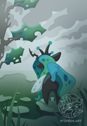 Size: 1640x2360 | Tagged: safe, artist:stirren, queen chrysalis, pony, g4, chibi, facing away, rear view, solo, standing, swamp