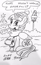 Size: 2352x3713 | Tagged: safe, artist:debmervin, twilight sparkle, alicorn, g4, black and white, clothes, grayscale, hat, hearth's warming eve, monochrome, scarf