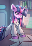 Size: 819x1158 | Tagged: safe, artist:chaosangeldesu, twilight sparkle, pony, unicorn, g4, clothes, commission, horn, indoors, lab coat, laboratory, solo