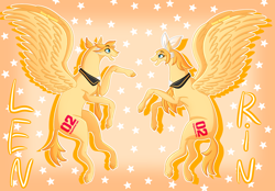 Size: 2300x1600 | Tagged: safe, artist:ireneroxanne666, pegasus, duo, female, kagamine len, kagamine rin, male, mare, siblings, stallion, twins