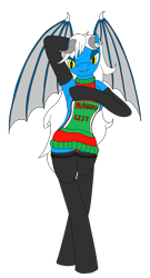 Size: 1758x3265 | Tagged: safe, artist:timejumper, oc, oc only, oc:azetha, succubus, backless, bat wings, boots, christmas, christmas sweater, clothes, commission info in description, dress, evening gloves, gloves, holiday, horns, long gloves, open-back sweater, shoes, sleeveless sweater, solo, sweater, thigh boots, virgin killer sweater, wings