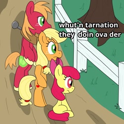 Size: 1100x1100 | Tagged: safe, artist:unitxxvii, apple bloom, applejack, big macintosh, earth pony, pony, apple siblings, apple sisters, bow, brother and sister, female, fence, filly, foal, grass, hair bow, male, mare, meme, outdoors, ponified meme, siblings, sisters, sitting, stallion, standing on two hooves, text, tree, yoke