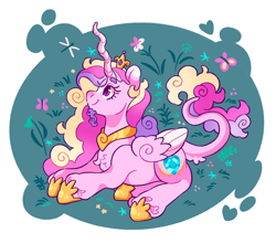 Size: 2048x1799 | Tagged: safe, artist:cocopudu, princess cadance, alicorn, butterfly, dragonfly, insect, pony, unicorn, g4, alternate eye color, beard, coat markings, colored ears, colored eartips, colored eyebrows, colored pupils, colored wings, colored wingtips, crooked horn, crown, curly mane, curly tail, eyelashes, facial hair, facial markings, female, flower, folded wings, grass, hoof shoes, horn, jewelry, leonine tail, long horn, lying down, magenta pupils, mare, peytral, pink eyes, pink wingtips, plant, princess shoes, profile, prone, purple eyes, regalia, signature, smiling, snip (coat marking), solo, star (coat marking), tail, tail fluff, three toned ears, three toned mane, three toned tail, two toned wings, unicorn beard, wings