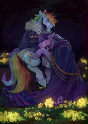 Size: 1672x2363 | Tagged: safe, artist:bunnari, rainbow dash, twilight sparkle, pegasus, pony, g4, bomber jacket, cloak, clothes, crying, curved horn, flower, forest, glasses, horn, jacket, nature, night, scar, tree