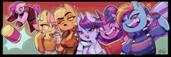 Size: 3048x1024 | Tagged: safe, artist:xconito, applejack, fluttershy, pinkie pie, rainbow dash, rarity, twilight sparkle, earth pony, pegasus, unicorn, anthro, g4, alcohol, alternate hairstyle, alternate timeline, apinkalypse pie, apocalypse dash, beer, beer can, bicep flex, breasts, busty applejack, busty rarity, cleavage, crystal war timeline, drink, drunk, drunk bubbles, emanata, female, hammer, horn, lidded eyes, lipstick, looking at you, mane six, mare, open mouth, open smile, piercing, pinkamena diane pie, short hair, smiling, smiling at you, tongue out, tongue piercing