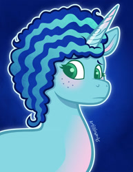 Size: 2545x3297 | Tagged: safe, artist:artisticwerks, misty brightdawn, pony, unicorn, g5, blue background, horn, simple background, solo