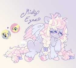 Size: 2197x1949 | Tagged: safe, artist:bishopony, derpy hooves, fluttershy, oc, oc:misty eyes, pegasus, pony, g4, blush scribble, blushing, bow, braid, braided tail, coat markings, colored wings, colored wingtips, dappled, eyeshadow, female, floppy ears, flower, flower in hair, flower in tail, fusion, fusion:derpy hooves, fusion:fluttershy, gradient background, gradient legs, hair bow, high res, hoof heart, hooves, lidded eyes, makeup, mare, name, partially open wings, raised hoof, signature, sitting, smiling, tail, tail bow, underhoof, unshorn fetlocks, wings