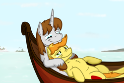 Size: 1800x1200 | Tagged: safe, artist:hoofclid, braeburn, oc, oc:hoofclid, earth pony, pony, unicorn, g4, boat, canon x oc, cuddling, duo, duo male, gay, hatless, horn, lidded eyes, looking at each other, looking at someone, male, missing accessory, shipping, smiling, smiling at each other, stallion, water