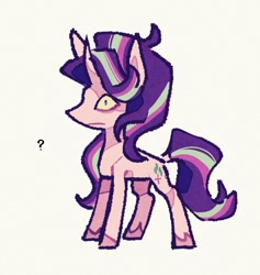 Size: 967x1020 | Tagged: safe, artist:disaterror, starlight glimmer, pony, unicorn, g4, bags under eyes, colored hooves, curved horn, female, frown, hooves, horn, mare, no catchlights, pink coat, pink hooves, profile, question mark, shrunken pupils, simple background, slit pupils, solo, standing, tall ears, thin, three toned mane, three toned tail, unicorn horn, unshorn fetlocks, white background